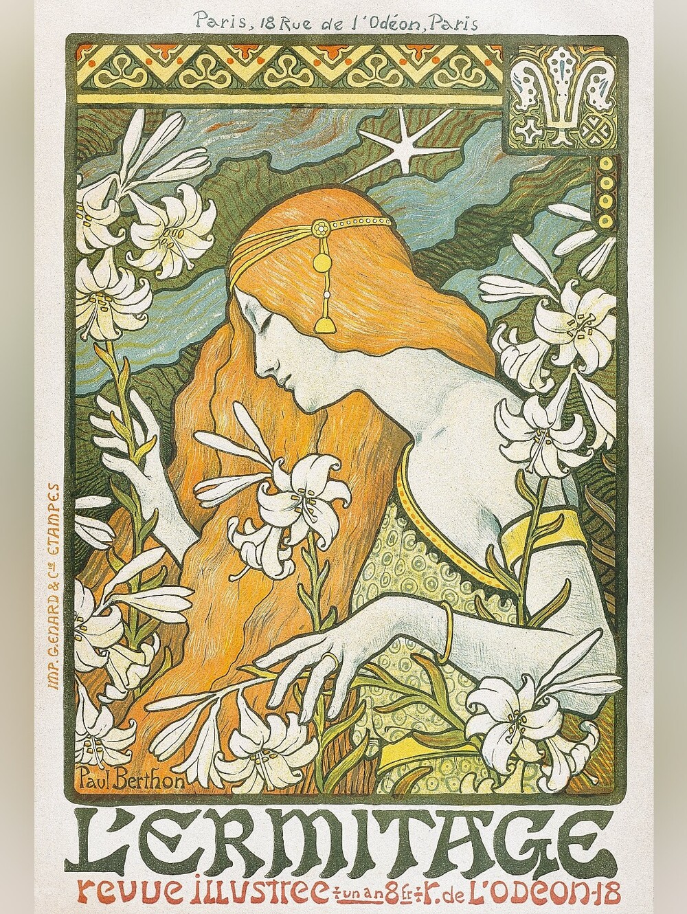 Art Nouveau Poster Print with Orange-Haired Woman and White Lilies 16x20